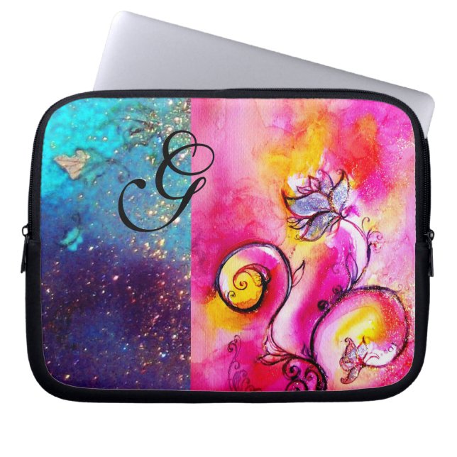 WHIMSICAL FLOWERS roze, blauw, blauwgroen, geel, r Laptop Sleeve (Voorkant)