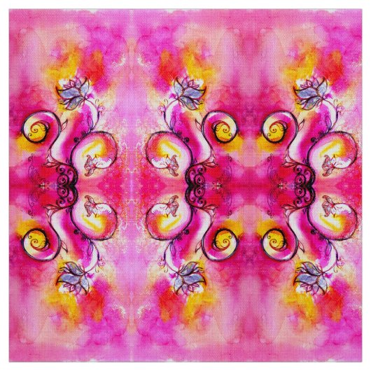 WHIMSICAL FLOWERS roze fuchsia yellow Stof (Swatch)