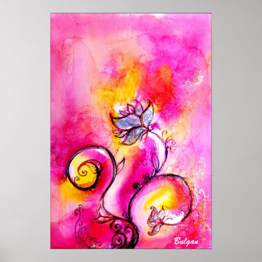 WHIMSICAL FLOWERS roze geel blauw Poster (Voorkant)