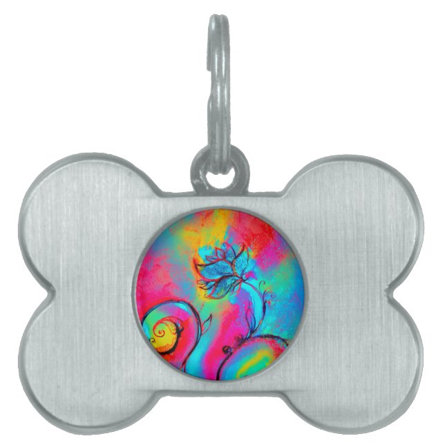 WHIMSICAL FLOWERS roze geel blauwgroen blauw Huisdieren Naamplaatje (voorkant)