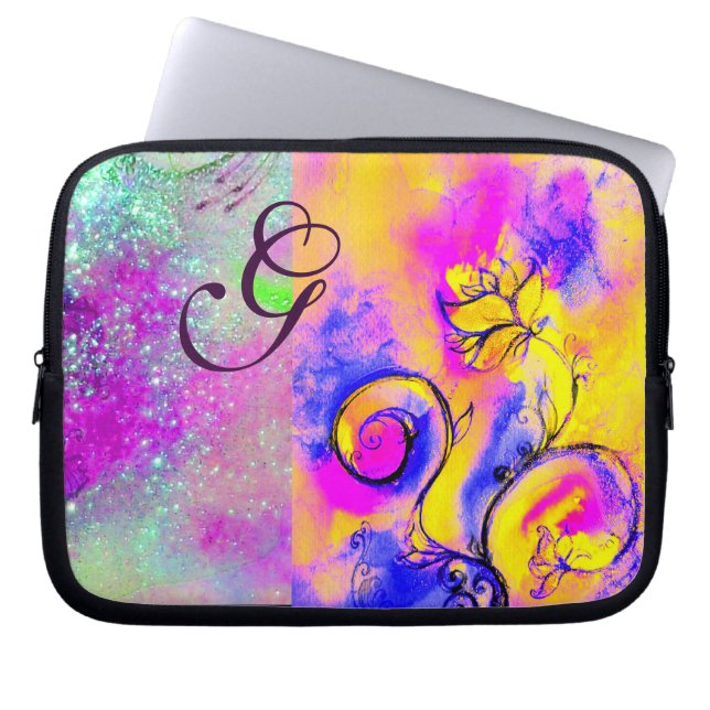 WHIMSICAL FLOWERS roze gele fuchsie, blauw Laptop Sleeve (Voorkant)