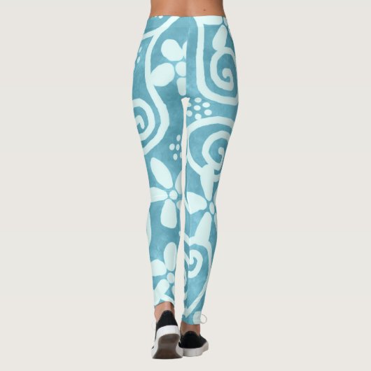 Whimsical Flowers & Swirls Blue White Pattern  Leggings (Achterkant)