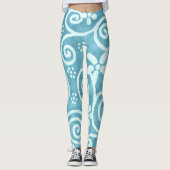 Whimsical Flowers & Swirls Blue White Pattern  Leggings (Voorkant)