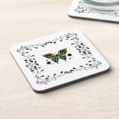 Whimsical Fluttering – Blue Butterfly Floral Art Bier Onderzetter (Linkerzijde)