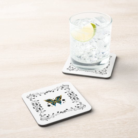 Whimsical Fluttering – Blue Butterfly Floral Art Bier Onderzetter (Rechterzijde)