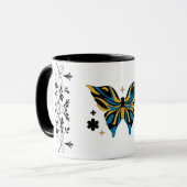 Whimsical Fluttering – Blue Butterfly Floral Art Mok (Voorkant links)