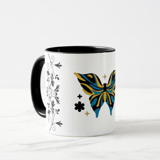 Whimsical Fluttering – Blue Butterfly Floral Art Mok (Voorkant links)