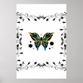 Whimsical Fluttering – Zwarte en Blauwe Vlinder Poster (Voorkant)