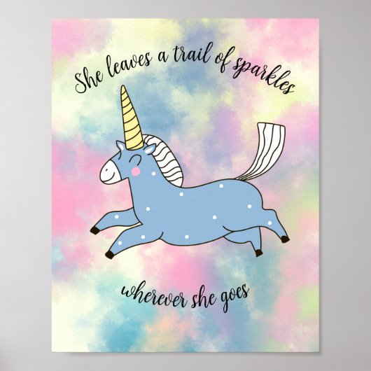 Whimsical Flying Blue Unicorns op pastelwolken Poster (Voorkant)