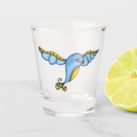 Whimsical Flying Blue Yellow Bird Fancy rollen Shot Glas (Voorkant)