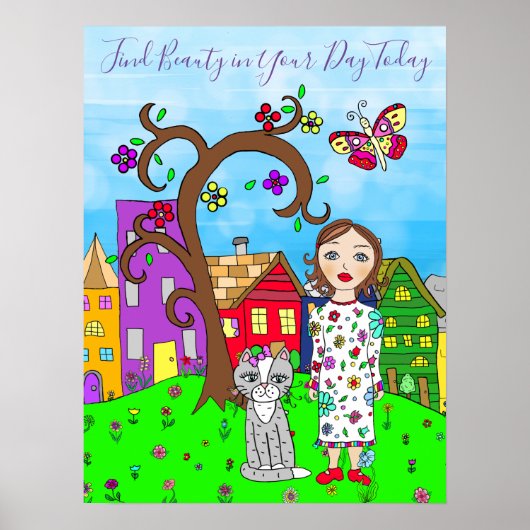 Whimsical Fold Art, Lady and Cat in Village Poster (Voorkant)