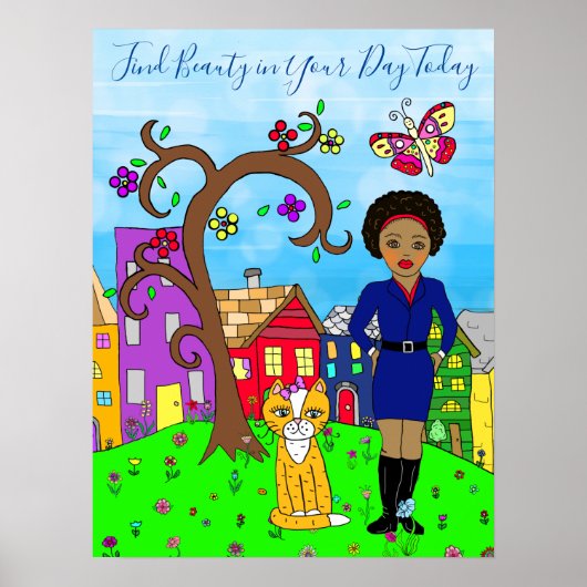 Whimsical Fold Art, Lady and Cat in Village Poster (Voorkant)