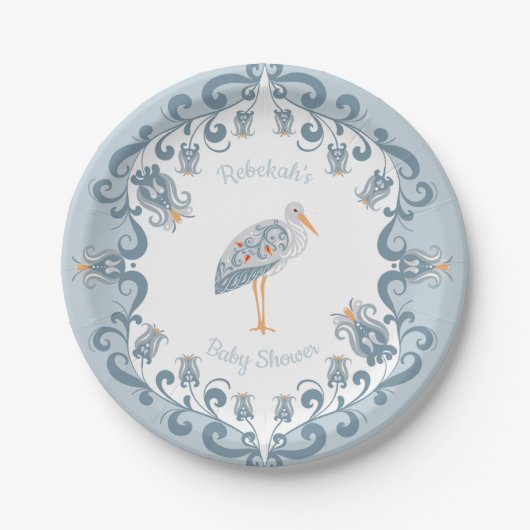 Whimsical Folk Art Blauw | Baby shower papier Bord (Voorkant)