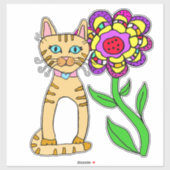 Whimsical Folk Art Cat en Colorful Flower Sticker (Vel)