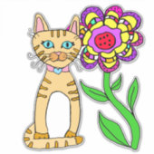 Whimsical Folk Art Cat en Colorful Flower Sticker (Voorkant)