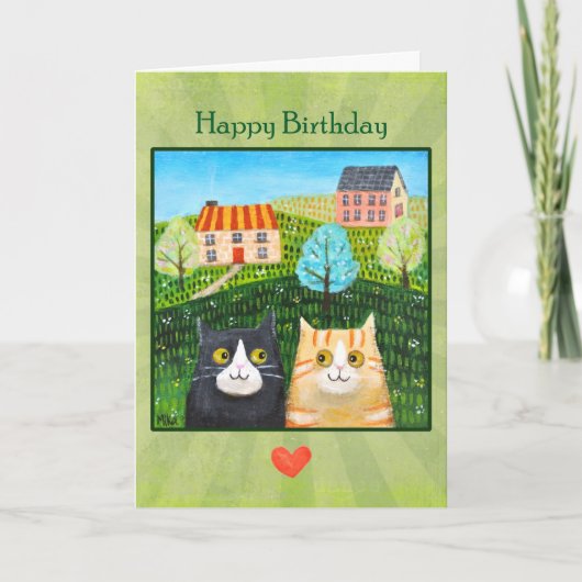Whimsical Folk Art Cats Custom Message birthday  Kaart (Voorkant)