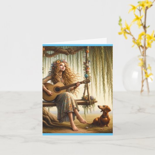 Whimsical Folk Art Dachshund Downloadbaar Kaart (Gele Bloem)