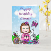 Whimsical Folk Art Fairy Girl Happy Birthday Kaart (Gele Bloem)