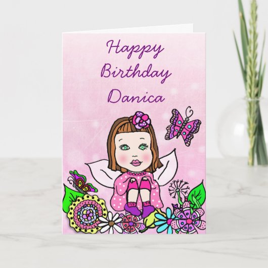 Whimsical Folk Art Fairy Girl Happy Birthday Kaart (Voorkant)