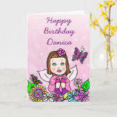 Whimsical Folk Art Fairy Girl Happy Birthday Kaart (Gele Bloem)
