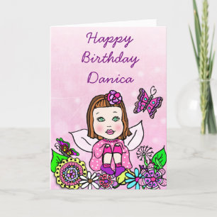 Whimsical Folk Art Fairy Girl Happy Birthday Kaart