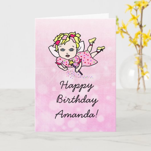 Whimsical Folk Art Fairy Girl Happy Birthday Kaart (Gele Bloem)