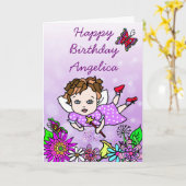 Whimsical Folk Art Fairy Girl Happy Birthday Kaart (Gele Bloem)
