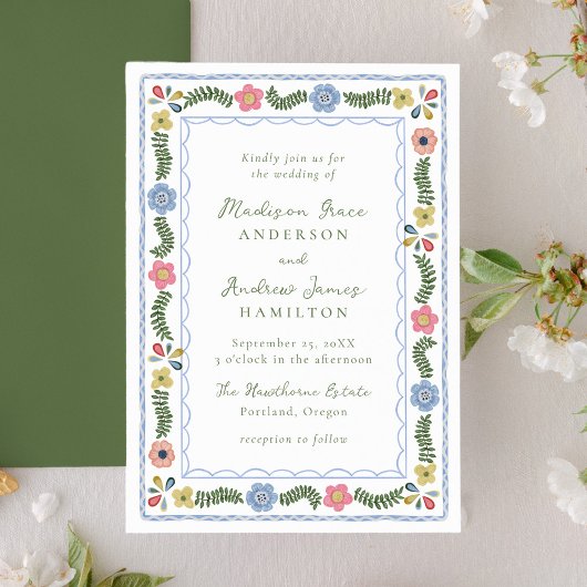 Whimsical Folk Art Floral Wedding Invitation Kaart