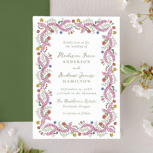 Whimsical Folk Art Floral Wedding Invitation Kaart