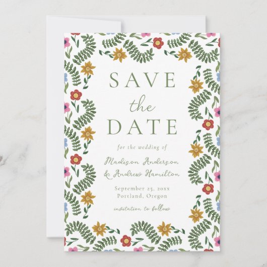 Whimsical Folk Art Floral Wedding Save The Date (Voorkant)