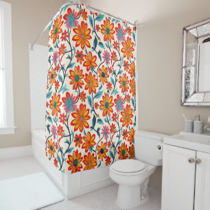 Whimsical Folk Art Flowers Douchegordijn