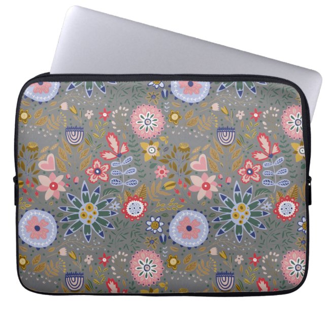 Whimsical Folk Art Flowers Grey Laptop Sleeve (Voorkant)