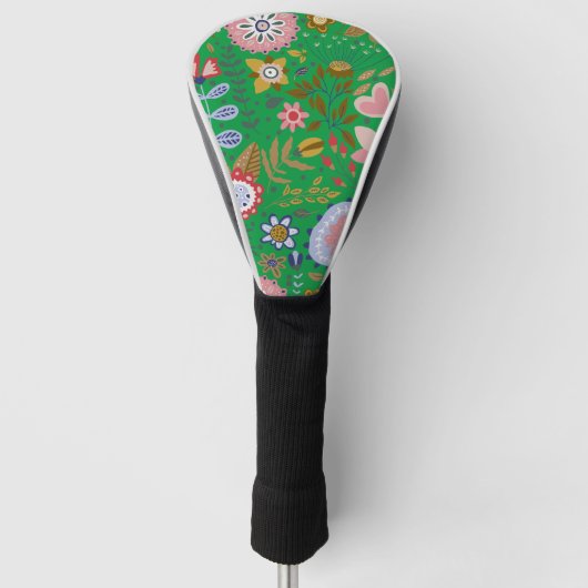 Whimsical Folk Art Flowers op Green Golfheadcover (Voorkant)