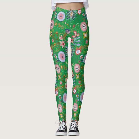 Whimsical Folk Art Flowers op Green Leggings (Voorkant)
