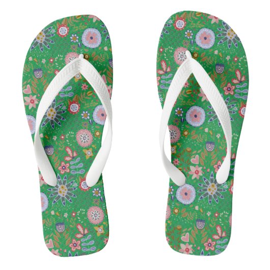 Whimsical Folk Art Flowers op Green Teenslippers (Voetbed)