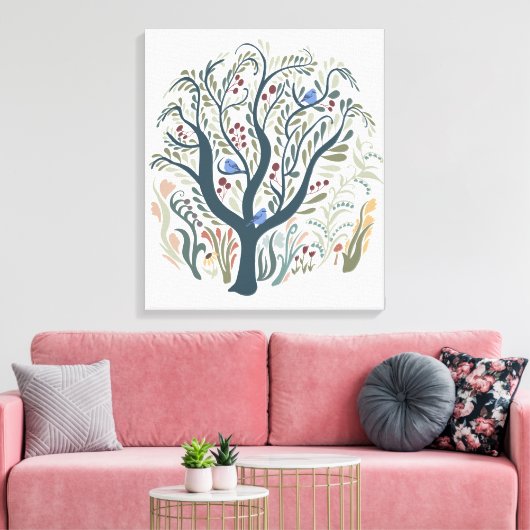 Whimsical Folk Art Forest Earth Tones Canvas Art Afdruk (Insitu (Woonkamer))