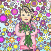  Whimsical Folk Art Girl Holding Flowers Sticker (Voorkant)