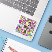  Whimsical Folk Art Girl Holding Flowers Sticker (Laptop met iPhone)