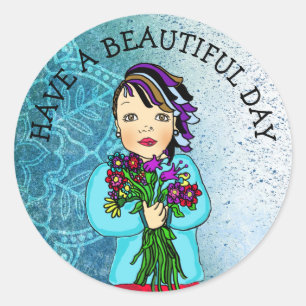 Whimsical Folk Art Girl met Flowers Beauful Day Ronde Sticker