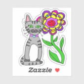 Whimsical Folk Art Grey Cat en Colorful Flower Sticker (Vel)