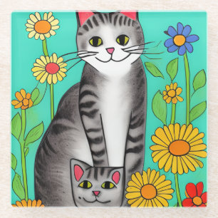 Whimsical Folk Art Grijze Kat en Kitten Glazen Onderzetter