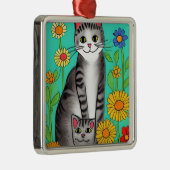 Whimsical Folk Art Grijze Kat en Kitten Metalen Ornament (Rechts)