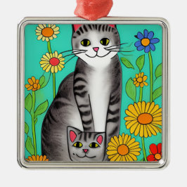 Whimsical Folk Art Grijze Kat en Kitten Metalen Ornament