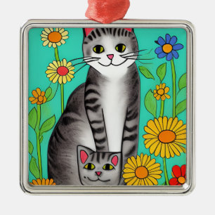 Whimsical Folk Art Grijze Kat en Kitten Metalen Ornament