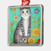 Whimsical Folk Art Grijze Kat en Kitten Metalen Ornament (Links)