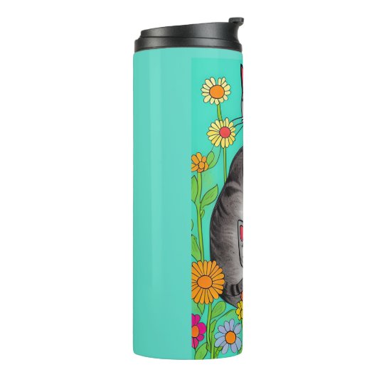 Whimsical Folk Art Grijze Kat en Kitten Thermosbeker (Gedraaid links)