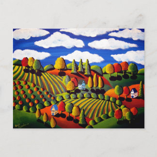 Whimsical Folk Art Herfst Landscape Post Card Briefkaart