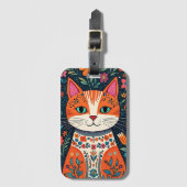 Whimsical Folk Art Kat en Bloemen Bagagelabel (Voorkant (verticaal))