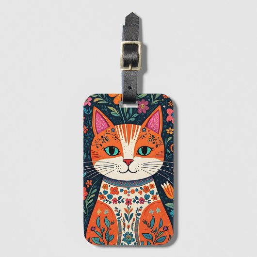 Whimsical Folk Art Kat en Bloemen Bagagelabel (Voorkant (verticaal))