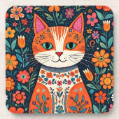 Whimsical Folk Art Kat en Bloemen Bier Onderzetter (Voorkant)